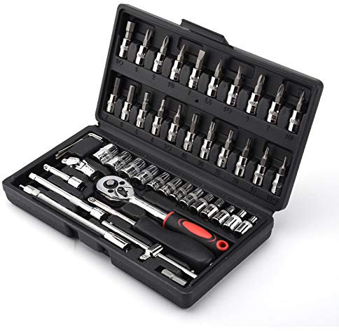 SOSPIRO 46 Piece 1/4 inch Socket Wrench Set Metric Tool Kit with Wrench Handle Chrome Vanadium Ratchet Screwdriver Socket Set for Car Motorcycle Repair