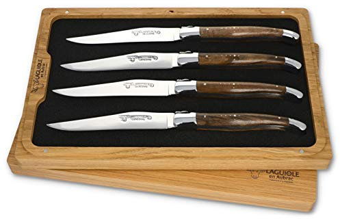 Laguiole en Aubrac - 4er Set Laguiole Steakmesser aus Frankreich - Griff Walnuss Holz - Stahl glänzend - Original mit Zertifikat