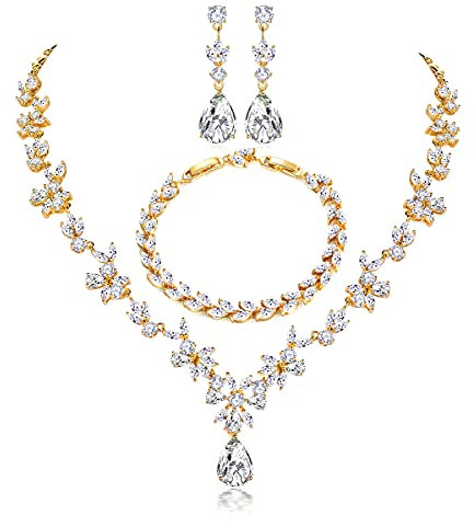 Shuxin Hochzeit Schmuckset für Damen, Halskette & Ohrringe & Armband Set, Gelbgold Plattiert Blumen Braut Schmuck Set mit 5A Weiß Zirkonia, Allergenfrei Hochzeitsschmuck für Braut Brautjungfern