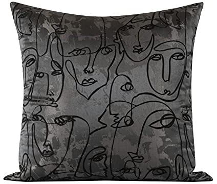 Zierkissenbezug Dekorativen Kissenhüllen Abstraktes Gesicht Bestickt Kissenbezug Für Schlafzimmer Sofa Auto Wohnzimmer Hotel 50X50cm (Einschließlich Kern) Schwarz Grau