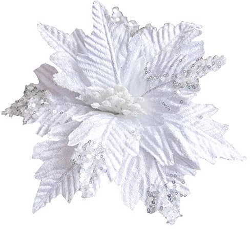 LEMCC 6PCS Christmas White Poinsettia Flower Picks 9.8inch Artificial Large Poinsettia Flower with Stems Sequined Glitter Floral Picks for Christmas Tree Decoration Wreath Garland