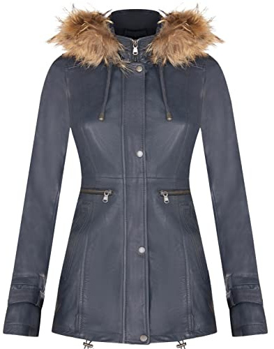 Women's Navy Blue Warm Leather Jacket Detachable Hooded Parker Trench Coat 3XL