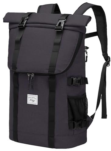 Kasgo Roll Top Backpack, Water Resistant 17 inch Laptop Backpack for Men Women Large Anti-Theft School Backpack Travel Hiking Rucksack Bag Casual Daypack for Business Work College, Dark Grey