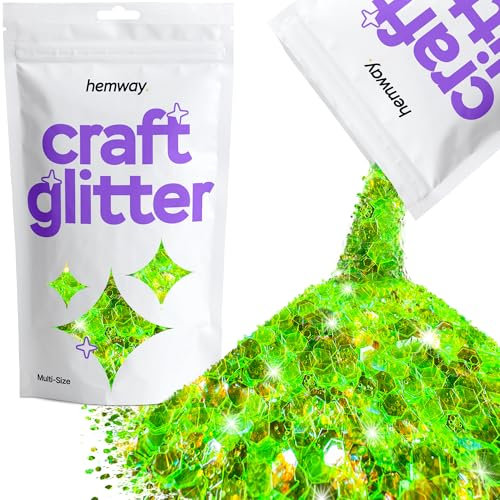 Hemway Craft Glitter - Fluorescent Green | 100g Multi Size Metallic Sequin Flakes for Halloween Resin & Epoxy Crafts | Supplies for Autumn Décor, Bunting, Nails, Candle, Face & Mask Decorating