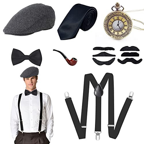 ZOCONE 12 Pezzi a Set Accessori Anni 20 Uomo, 1920s Gatsby Accessori per Costumi, con Cappello Panama, Bretelle Elastiche Y-Back, Orologio da Tasca Vintage e Baffi, Cravatta, Farfallino