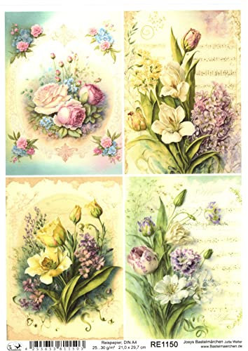 Josys Bastelmärchen Reispapier A4 Strohseide Decoupage Noten Vintage Musik Blumen RE1150
