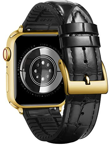 BINLUN Kompatibel mit Apple Watch Armband 49mm 46mm 45mm 44mm 42mm Alligator Leder und Silikon Lederarmband Kompatibel mit iWatch Ultra SE SE2 Series 10 9 8 7 6 5 4 3 2 1 Herren Damen(Schwarz-Gold)