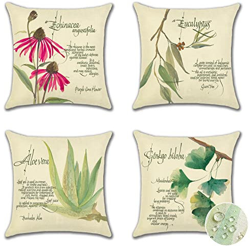 Ohok Wasserdicht Kissenbezug 45x45 cm, 4er Set Dekorativ Outdoor Kissenhülle Deko Sofakissen Couchkissen Zierkissenbezüge für Sofa Wohnzimmer Balkon Garten Auto (Pflanzen)