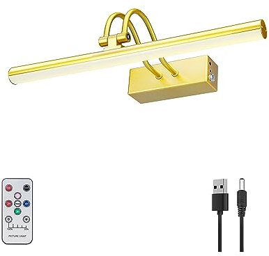 RAIFOOLLY Picture Light, 13in Battery Operated Picture Lights for Paintings,Metal Remote Display Art Light with Timer and Dimmable for Wall Painting,Frame, Portrait, Dartboard(Gold), RF00290