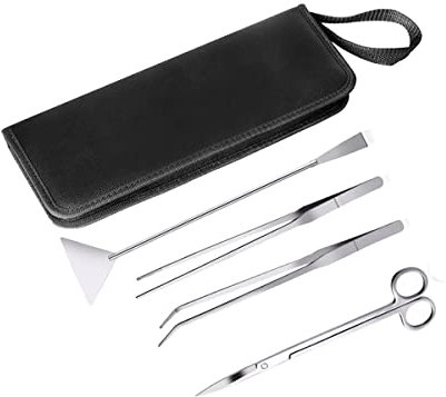4 in 1 Aquarium Aquascaping Set Edelstahl Werkzeugsätze für Anfänger Aquarien Design Wasserpflanzen Trim, Lang Pinzette, Schere und Spatel (Helles Silber)