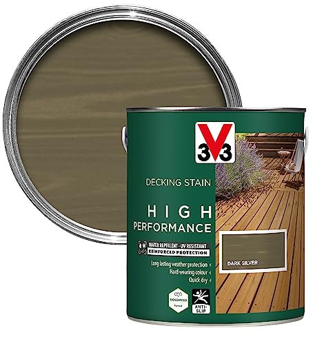 V33 High Performance Decking Stain - Long-Lasting Weather Protection - UV-Resistant - Anti-Slip - Biosourced Formula - Dark Silver 2.5 litres