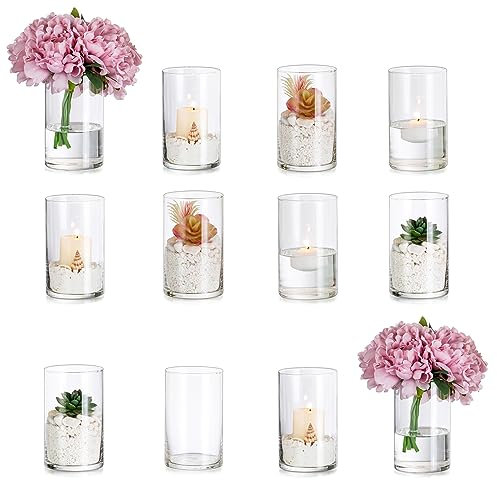 Romadedi Kerzenständer Glas Glaszylinder Kerzenhalter 12 Pcs - Windlicht Outdoor Vase für Stumpenkerzen Teelicht Schwimmkerzen Blomus für Hochzeit Wohnzimmer Party Home Deko Weihnachten Tischdeko