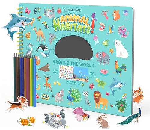 GUYUCOM Childrens Stickers + Coloring Book, Animal Habitats Sticker Activity Kids Book, Innovation Side by Side Sticker and Scene, Rainbow Scratch Paper, Ideal Airplane Toys Gift for 3-10 Year Old Kid