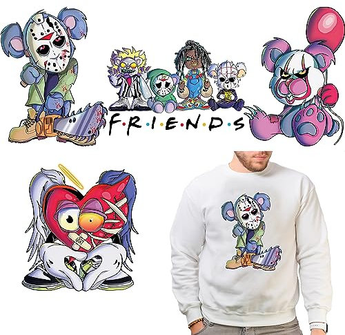 4Pcs Cartoon Iron on Transfers Stickers Halloween Iron-on Decals Transfers for T-Shirts Bad Guy Patches Heat Stickers Terror Mask Designs Iron on Transfers for Bags Clothing DIY Decorations