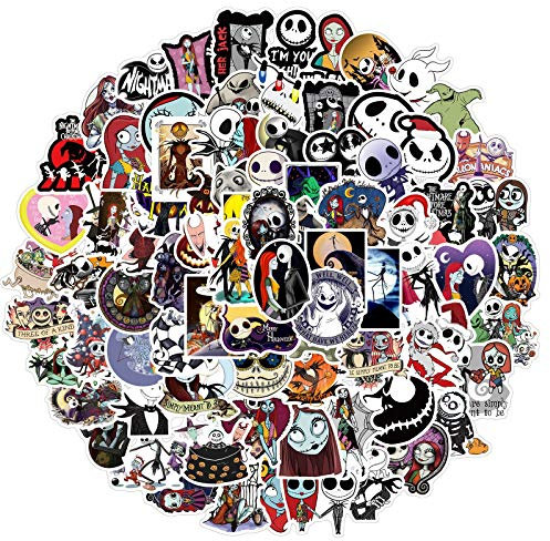 100 Pcs The Nightmare Before Christmas Stickers Halloween Thriller Horror Tim Burton's Stickers for Skateboard Laptop Water Bottle Luggage Computer Bumper Helmet Car Motorcycle Graffiti Decals