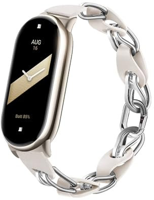 PINHEN Compatibile per Xiaomi Smart Band 8/9/10, fascia di ricambio per signore in acciaio inox e catena di cintura in pelle PU per Miband 8