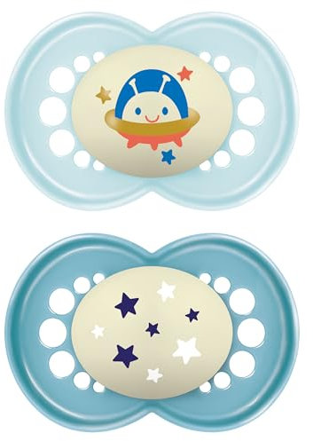 MAM Original Night Soothers | 18-36 Months | 2 Pack | Glow in The Dark Dummies | Comes in Dummy Steriliser Case | Sustainable Materials | Baby Accessories | Blue (Various Designs)