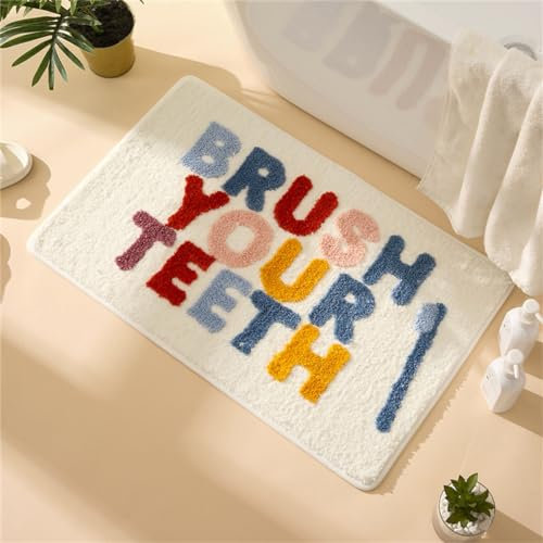 Freyamy TPR rutschfest Badteppich für Kinder,Weicher Plüsch Mikrofaser Badezimmermatte Super-saugstark Kurzer Plüschteppich,Brush Your Teeth Badematte,Waschbar für Küche Fußmatte(50x80CM)