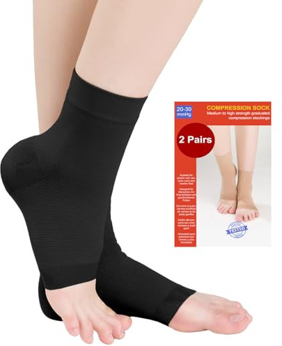 2 Paar Knöchel Medizinische Kompressionsstrümpfe Herren & Damen 20-30mmhg, Stützstrümpfe Kompressionssocken für Schwellung Plantarfasziitis Verstauchung Neuropathie Sport (2x Schwarz, L)