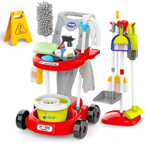deAO Chariot de Nettoyage pour Enfant, Nombreux Accessoires, avec Serpillière, Seau, Balai, Aspirateur, Brosses, Pelle, Balai à Main, Kit Chariot de ménage, Jeu de Rôle Jouet Ménager de 3 Ans+, Rouge