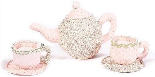 MON AMI Floral Toy Tea Set – 9/23cm Soft Plush Pretend Play Set | Pink Teapot & Teacups with Velcro | Princess-Inspired Stuffed Tea Party Toy for All Ages