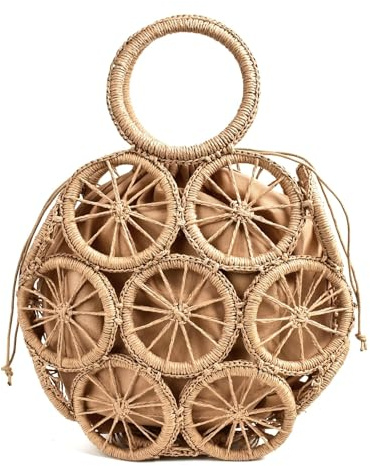 YMYGCC Stroh Strandtasche für Frauen Mode Rattan Hollow Round Stroh Bags Wicker gewebt Frauen Handtaschen Sommer Beach Schulter Crossbody Taschen lässig Lady 489 (Color : Dark Brown)