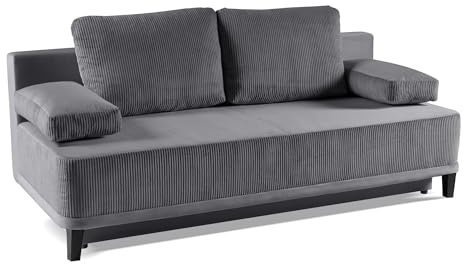 BETTSO - Rosso Couch, Sofa mit Schlaffunktion - Breite 200 cm, Liegefläche 200 x 140 cm, Schlafcouch für Wohnzimmer, Schlafsofa mit Bettkasten, Sofa mit Schlaffunktion - Cord Grau