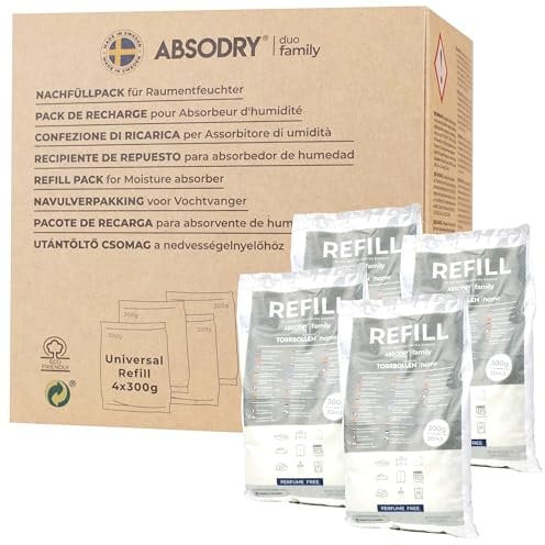 AbsoDry - Dehumidifier Refill Pack 4 x 300 g - AbsoDry Compatible - Prevents Odour & Binds Moisture - Desiccant Bag with Granules for Room Dehumidifier - Dehumidifier Refill Pack