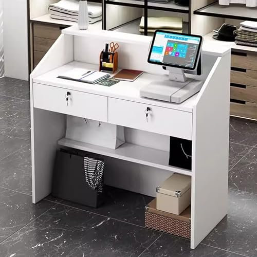 XJIE HOME Empfangstresen mit Abschließbarer Schublade, Empfangstresen, Stationstisch Front Rezeptionsbüro Schönheitssalon-Schreibtisch Kasse Schreibtisch, Weiß, 80×38×92cm, Modern, Heimbüro