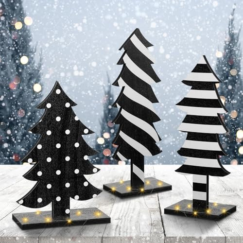 Meooeck 3 piezas de decoración de árbol de Navidad de mesa en blanco y negro, árboles de madera hechos a mano, centros de mesa de árbol de Navidad de madera rústica para mesa, Navidad, hogar, oficina,