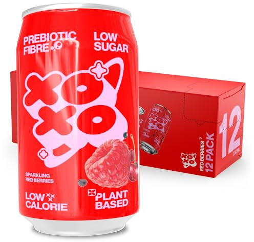 XOXO Red Berries Prebiotic Soda (12 x 330ml Cans) | Refreshing Sparkling Prebiotic Drink With 6g of Plant-based Prebiotic Fibre | Natural & Low Sugar & Low Calorie Drink | High in Fibre
