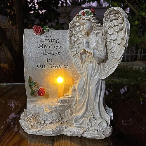 FIYSON Solar Engel Gartenfiguren, Betend Flügel Engelfigur, LED-Schutzengel-Figur Grabschmuck, Wetterfeste Solar Engel Grablichter für Rasen, Hof, Terrasse, Fensterbank, 21x18x13cm (Stil 1)