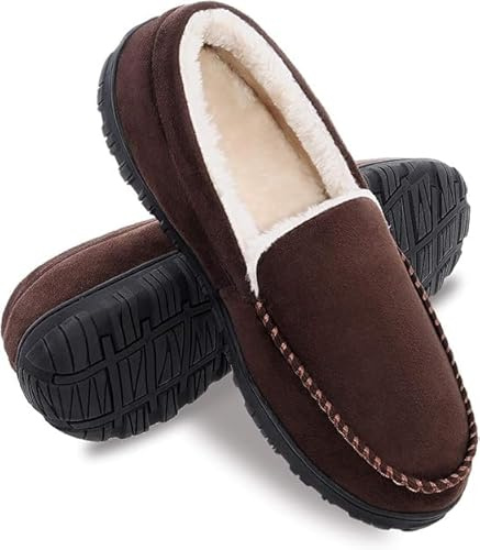 MIXIN Moccasins for Men House Slippers Indoor Outdoor Plush Mens Bedroom Shoes with Hard Sole Brown Size 8