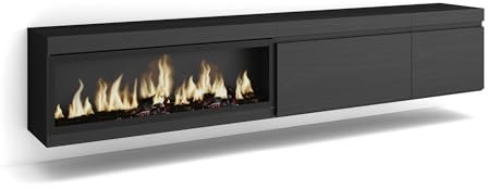 Skraut Home | Meuble TV | Banc Télé | Grand Espace de Rangement | 237x45x35 cm | TV Grand Format | Cheminée électrique XXL | Suspendu, Mural | Style Moderne | Noir
