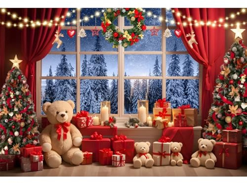 Ttincceer 3x2.5m Toile de Fond Photo de noël Hiver forêt Neige Luxe Arbre de noël Photographie Fond Rideau Rouge Couronne de pin Nouvel an Famille fête décors Adulte Portrait Photo Accessoire