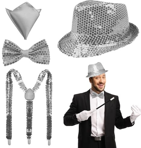 NebulaGlam Glitzer Accessoires Herren, 4 Stück Glitzer Kostüm Herre, Glitzer Fliege und Hosenträger Herren Pailletten Zylinder Hut Taschentücher, für Karneval Fasching Mottoparty (Silber)