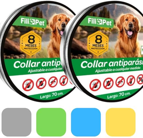 Collare Antiparassitario per Cani | Efficace contro Pulci, Zecche, Zanzare e Pidocchi | Resistente all'Acqua | Regolabile 70 cm | 8 Mesi di Protezione | Confezione da 2 Collari (Grigio, 70cm)
