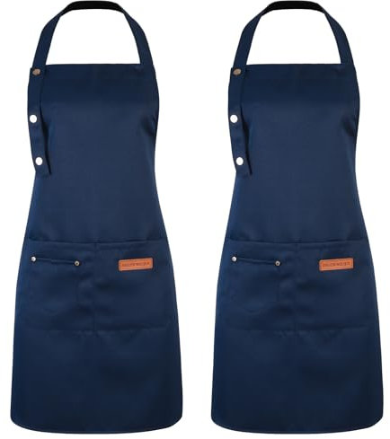 ViEinkaufen Paquete de 2 delantales de cocina para mujer, delantales de cocina ajustables con bolsillos, delantal unisex de lona impermeable, delantal de chef para el hogar, cocina, restaurante, azul