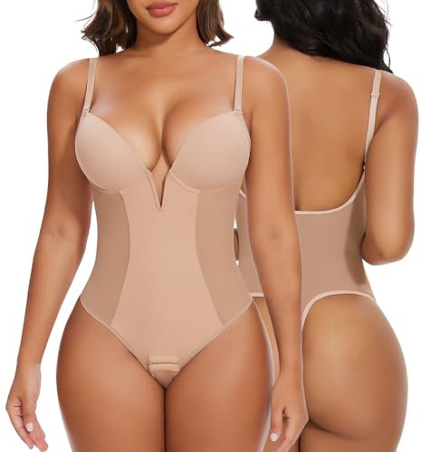 SHAPERIN Body Modellante Donna Pancia Piatta Perizoma Body Contenitivo con Reggiseno Imbottito Body Shaper Senza Schienale, Beige, M