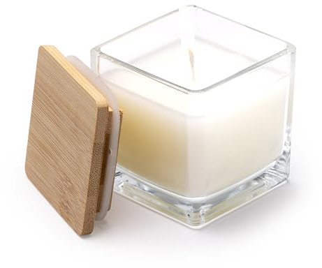 Vela aromática ecoamigable en vaso de cristal cuadrado con tapa de bambú y aroma a vainilla