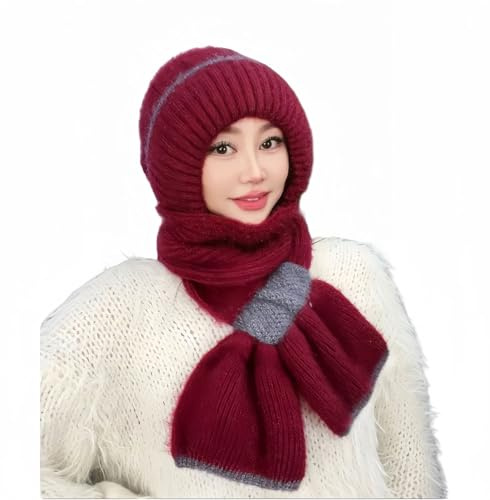Zyzzephyr 2024 New Winter-Versatile Knitted Hooded Scarf for Women, Integrated Ear Protection Windproof Cap Scarf, Women Warm hooded scarf for women (Wine red)