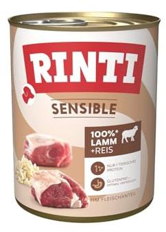 RINTI - Sensible | Nassfutter für Sensible, ausgewachsene Hunde mit natürlichen Fleischstücken. Getreidefreies Alleinfutter in der Dose ohne künstliche Zusätze | 6x800g Lamm + Reis