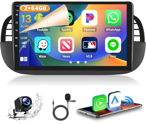 Hikity [2+64GB] Android 15 Autoradio per FIAT 500 2007-2015 Radio Senza Fili CarPlay Android Auto Bluetooth 9 Pollici Touchscreen Auto Radio con WiFi GPS FM RDS Telecamera Posteriore