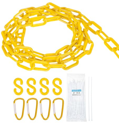 sourcing map Plastic Chain 10 Ft/3.1 M, Safety Chain Yellow Plastic Chain Link Barrier with Zip Ties Buckle and S-Hooks for Crowd Control Queue Line Fence Decoration