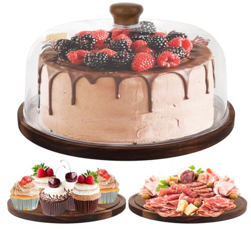 LOPYXBR Wooden Cake Stand with Dome Lid, 11Inch Rotating Cake Stand with Acrylic Cake Dome, Multi-functional Display Rack with Clear Lid for Birthday Party Wedding Kitchen(29.5x12cm)