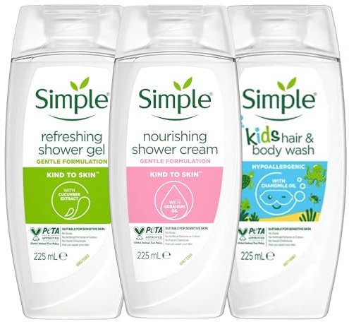 Simple Kind to Skin Trio Bundle | Refreshing Shower Gel, Nourishing Shower Cream & Kids Hair & Body Wash | Gentle, Hypoallergenic, No Artificial Perfume or Colour | 225ml Each