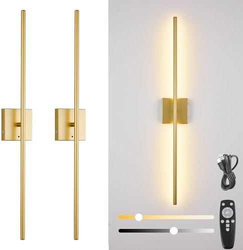 USB Aufladbare Wandleuchte Mit Fernbedienung, Innen Akku Wandlampe, 8000mah Batterie, 3000K-6500K, LED Dimmbare Kabellos Wandleuchte, 360° Drehbare Touch Nachttischlampe, Timer, 2 Stück,Gold,80CM