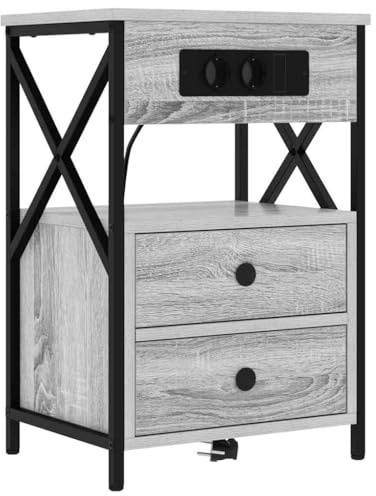 vidaXL Grey Sonoma Bedside Table in Engineered Wood and Steel, 40 x 31 x 60 cm. It is modern, has a charging station and a drawer to store things. With black legs, it is perfect for indoor use