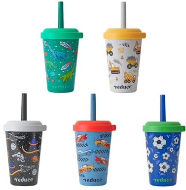 REDUCE GoGo's Kids Portable Tumbler Cups with Lids and Spill-Proof Straws - 5 Pack of Stackable 12 oz Tumblers with Twist-On Lids - Easy Storage, Dishwasher Safe - New Explorer