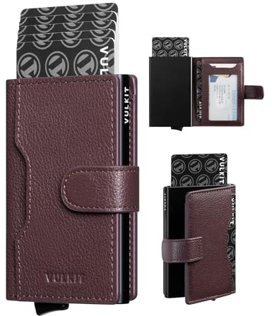 VULKIT Porte Carte Homme RFID avec Magnétique Petit Portefeuille Homme Cuir Véritable Porte Carte Bancaire avec 3 Fentes et 1 Fenêtre ID, Litchi Expresso